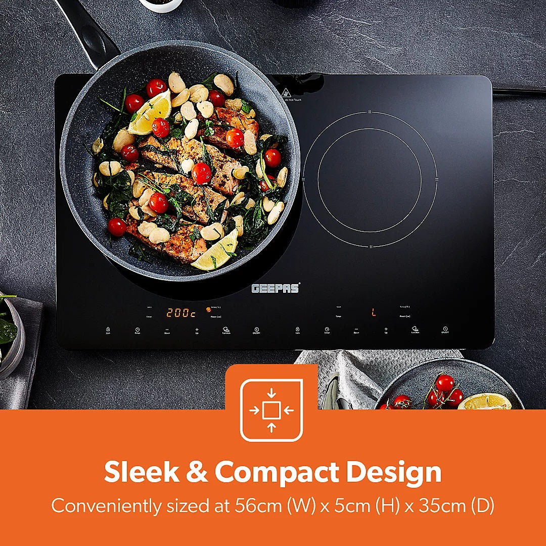 Geepas Double Induction Cooker Black H5cm x W56cm x D35cm 2800W GIC33021UK | Timer | Digital Display | Touch Control | Double Cooking Hob | A Grade Polished Crystal Plate 350mm x 560mm Aluminum Coil and High Quality IGBT