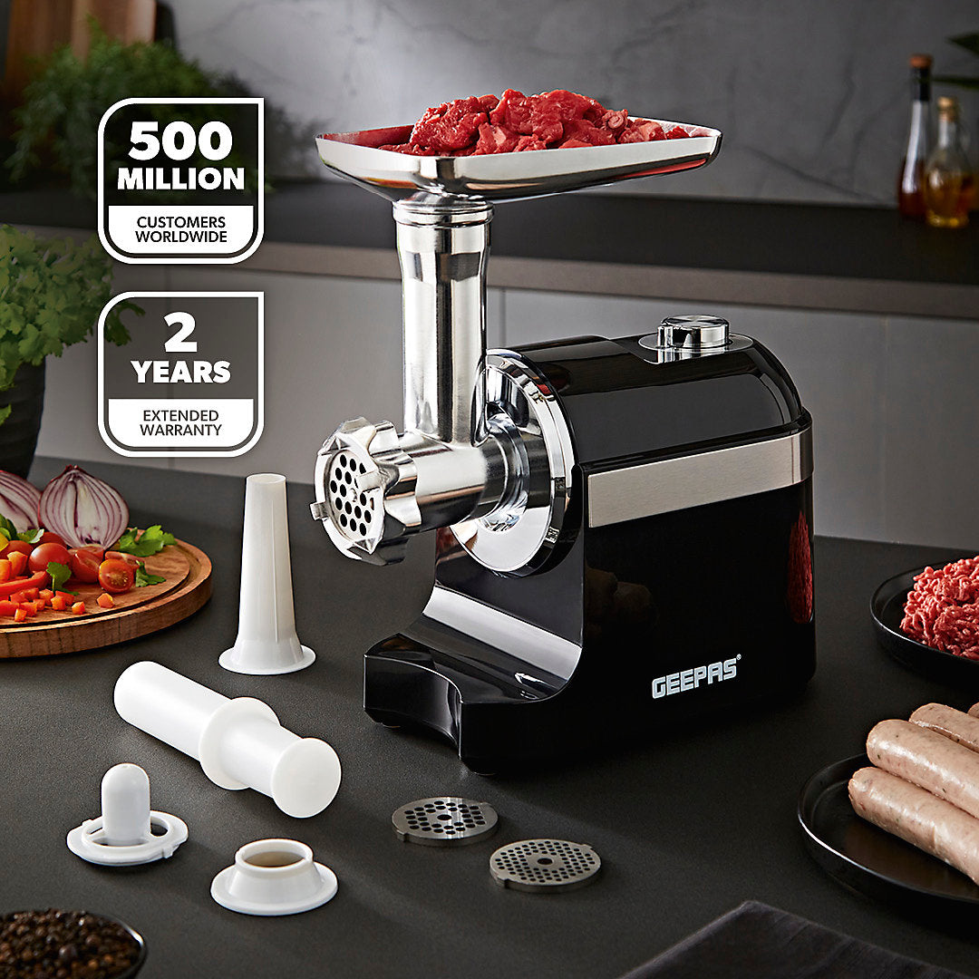 Geepas Meat Grinder Black and Silver 1800W GMG42510UK-BK | Stainless Steel Blade | Reverse Function | Powerful Copper Motor | Powerful and Easy Operation | Sausage Making Attachments | Multifunction