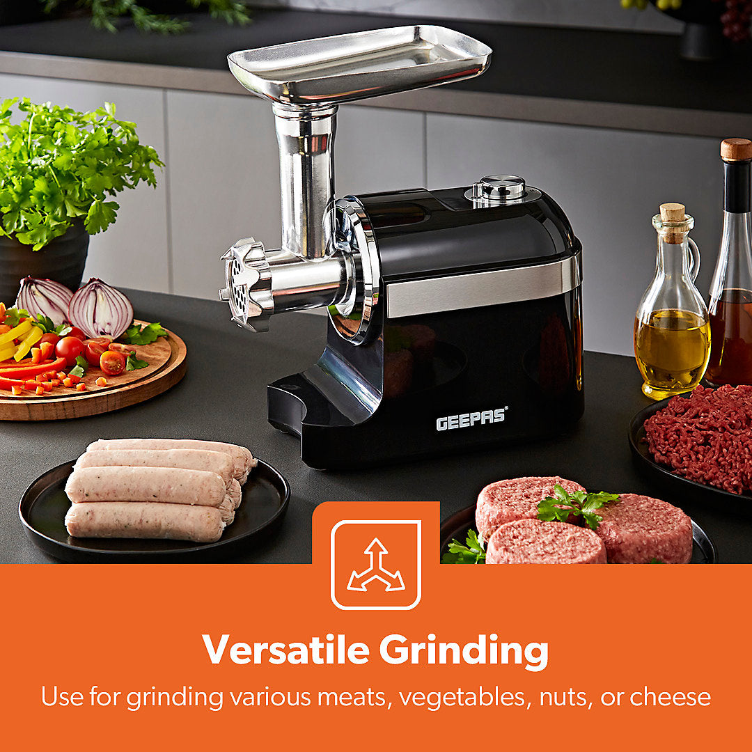 Geepas Meat Grinder Black and Silver 1800W GMG42510UK-BK | Stainless Steel Blade | Reverse Function | Powerful Copper Motor | Powerful and Easy Operation | Sausage Making Attachments | Multifunction