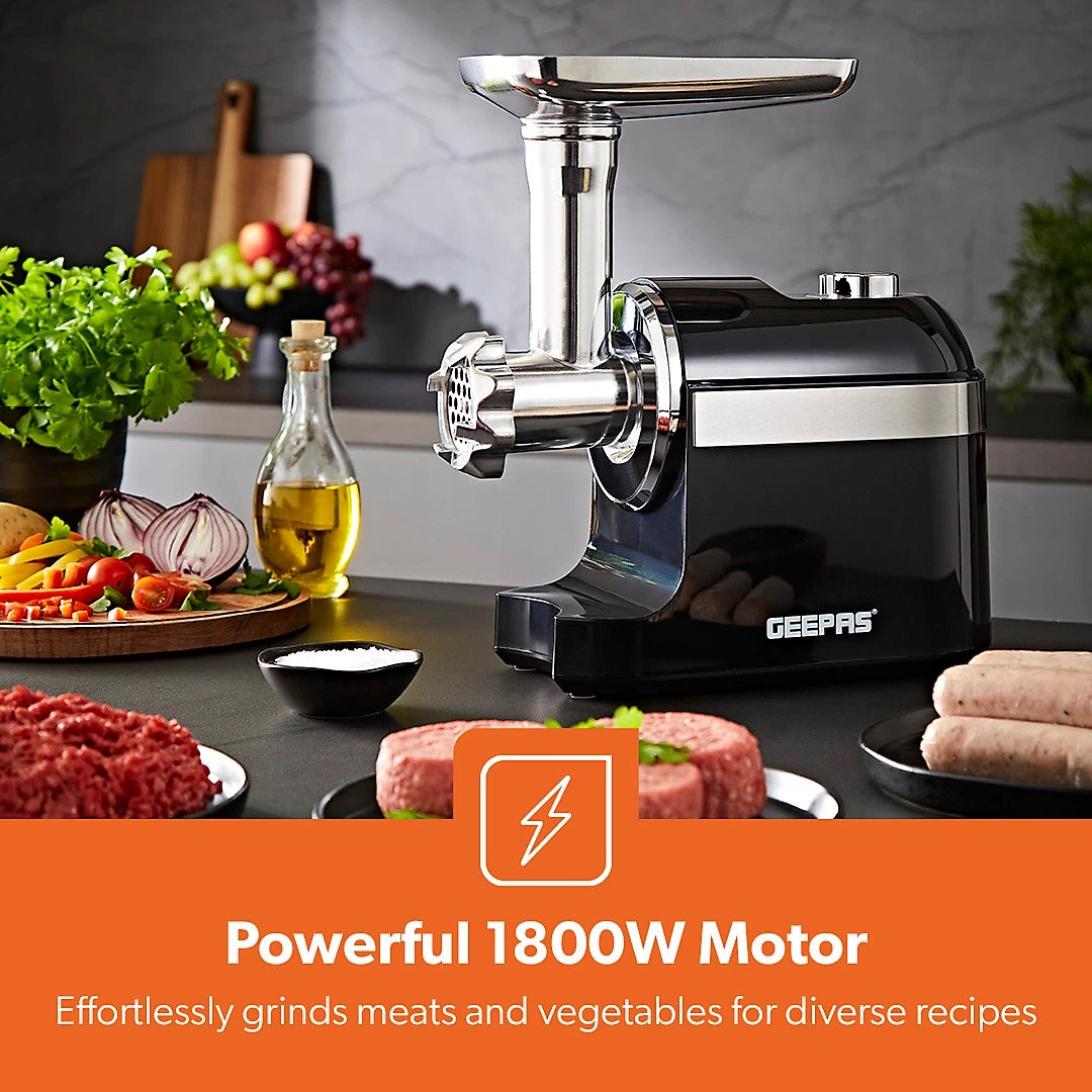 Geepas Meat Grinder Black and Silver 1800W GMG42510UK-BK | Stainless Steel Blade | Reverse Function | Powerful Copper Motor | Powerful and Easy Operation | Sausage Making Attachments | Multifunction