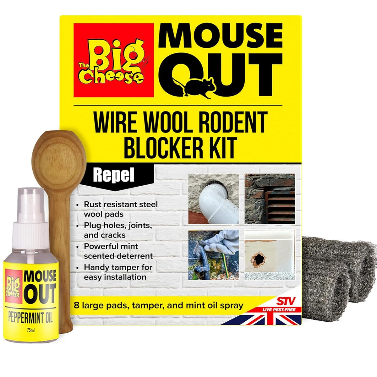 The Big Cheese Wire Wool Rodent Blocker Kit Assorted Pack of 8 STV250 | 8 Ready-to-use Rust Resistant Rolls | Can be Used in Plug Holes-Cracks and Gaps | Powerful Peppermint Oil Deterrent | Handy Tamper to Tightly Plug Holes and Entry Points | Prevent Infestations without Using Poison Baits