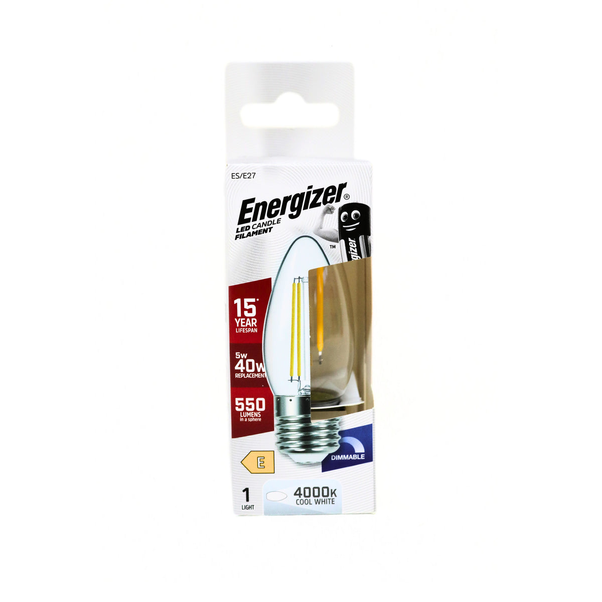 Energizer Filament LED Candle E27 4000K Cool White 5W S30652 | Dimmable | 550 Lumens in a Sphere | 15 Year Life Span | 40 Watt Replacement
