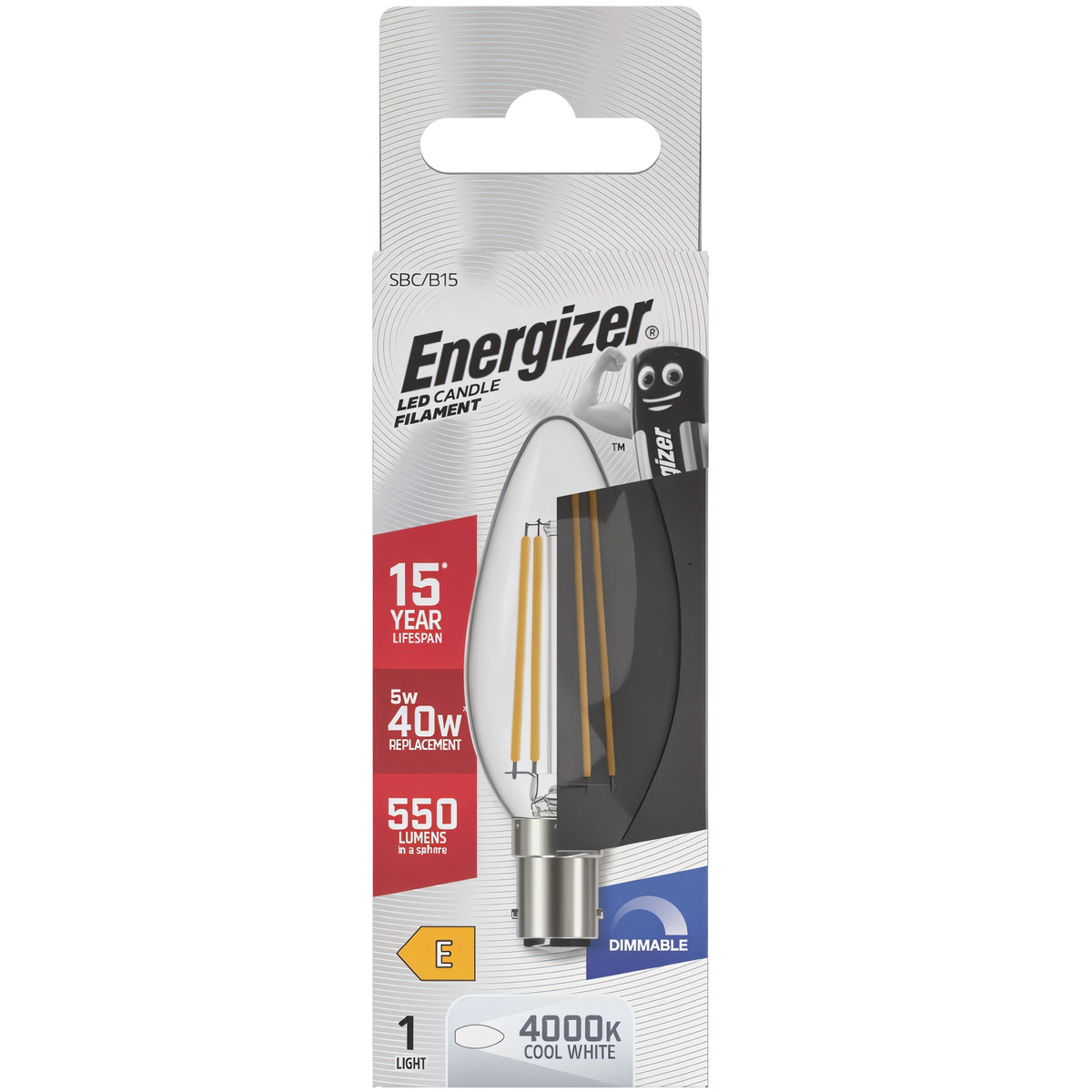 Energizer Filament LED Candle B15 4000K Cool White 5W S30650 | Dimmable | 550 Lumens in a Sphere | 15 Year Life Span | 40 Watt Replacement