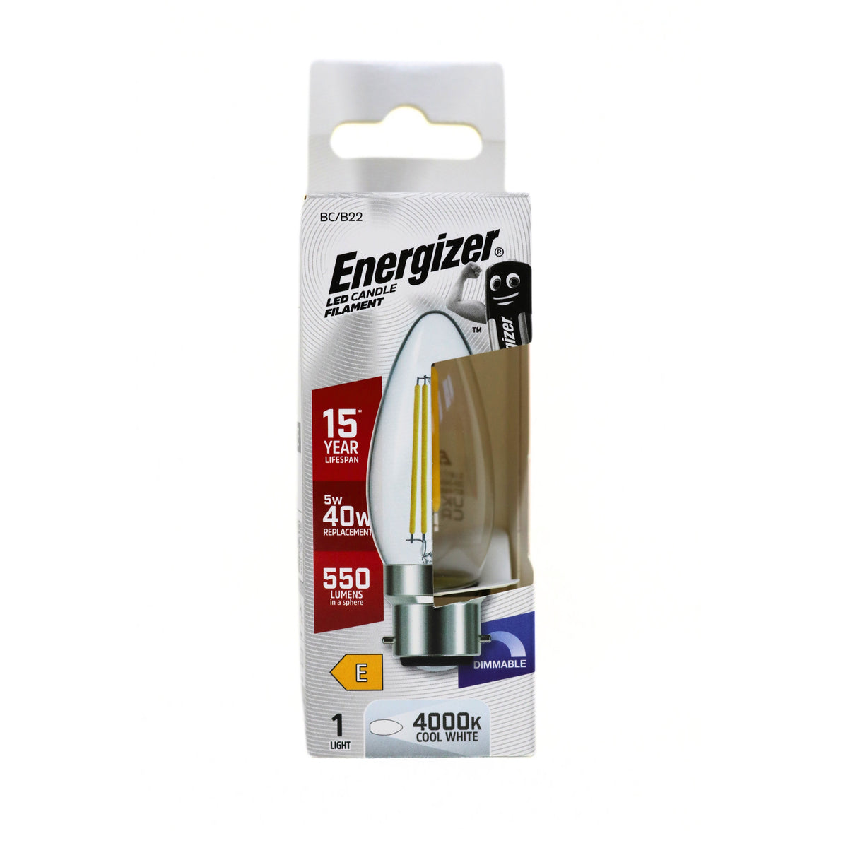Energizer Filament LED Candle B22 4000K Cool White 5W S30649 | Dimmable | 550 Lumens in a Sphere | 15 Year Life Span | 40 Watt Replacement