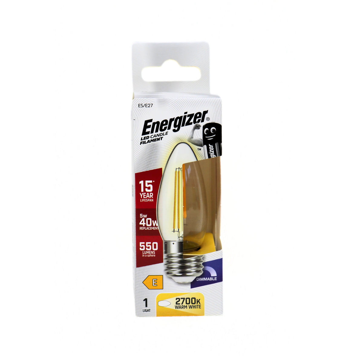 Energizer Filament LED Candle E27 2700K Warm White 5W S29786 | Dimmable | 550 Lumens in a Sphere | 15 Year Life Span | 40 Watt Replacement