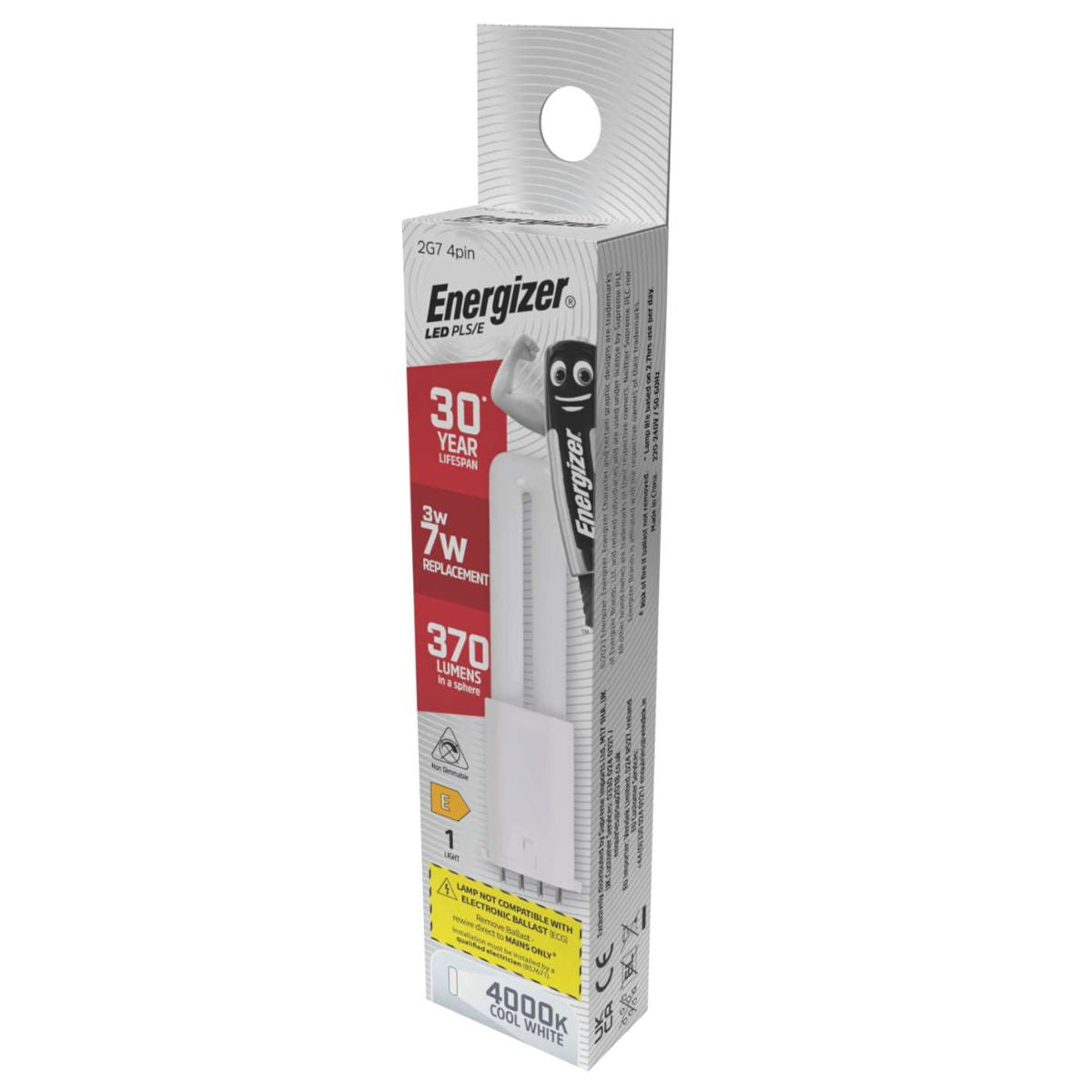 Energizer 2G7 4Pin LED PLS-E White 137mm x 30mm S30435 | 3W | 7W Replacement | 4000K Cool White | 370 Lumens | 30-Year Lifespan | Non Dimmable | 30000Hr Lifespan | Mercury Free | Energy Rating E | CRI-80