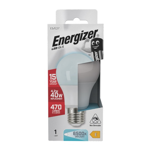 Energizer GLS ES-E27 LED Bulb White 105mm x 60mm S29777 | 4.2W | 40W Replacement | 6500K Day Light | 470 Lumens | 15-Year Lifespan | Non Dimmable | 15000Hr Lifespan | Mercury Free | Energy Rating E | CRI-80