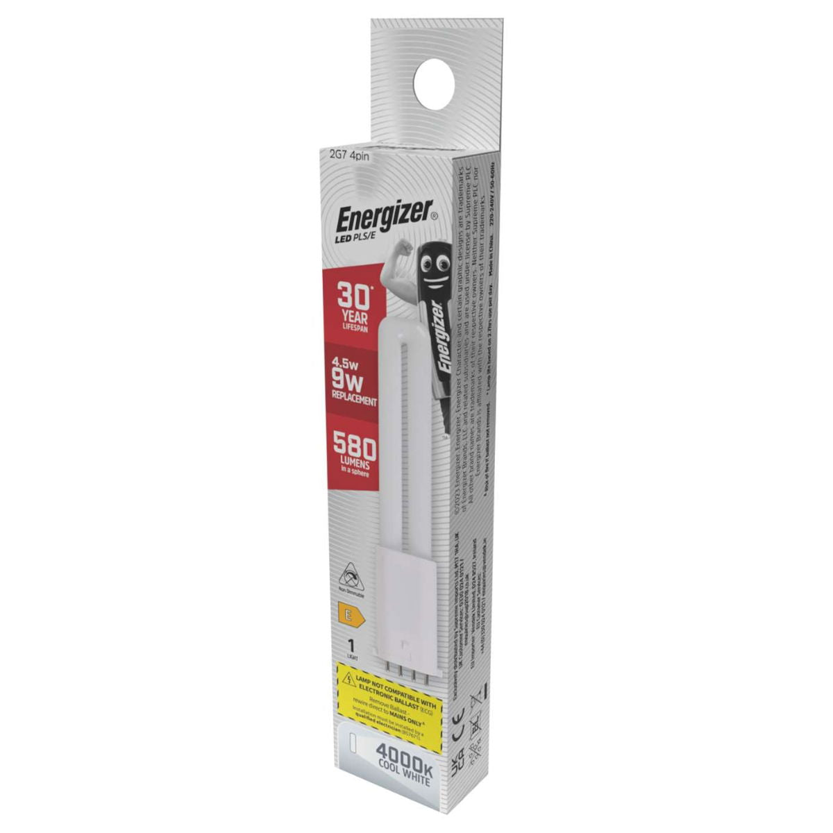 Energizer 2G7 4Pin LED PLS-E White 165mm x 30mm S30436 | 4.5W | 9W Replacement | 4000K Cool White | 580 Lumens | 30-Year Lifespan | Non Dimmable | 30000Hr Lifespan | Mercury Free | Energy Rating E | CRI-80