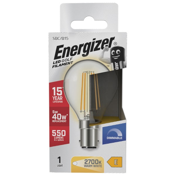 Energizer Golf Filament SBC-B15 LED Bulb Transparent 78mm x 45mm S29789 | 5W | 40W Replacement | 2700K Warm White | 550 Lumens | 15-Year Lifespan | Dimmable | 15000Hr Lifespan | Mercury Free | Energy Rating E | CRI-80
