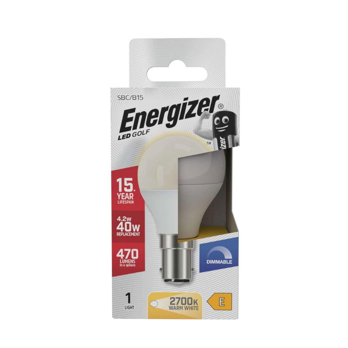 Energizer Golf SBC-B15 LED Bulb White 78mm x 45mm S29770 | 4.2W | 40W Replacement | 2700K Warm White | 470 Lumens | 15-Year Lifespan | Dimmable | 15000Hr Lifespan | Mercury Free | Energy Rating E | CRI-80