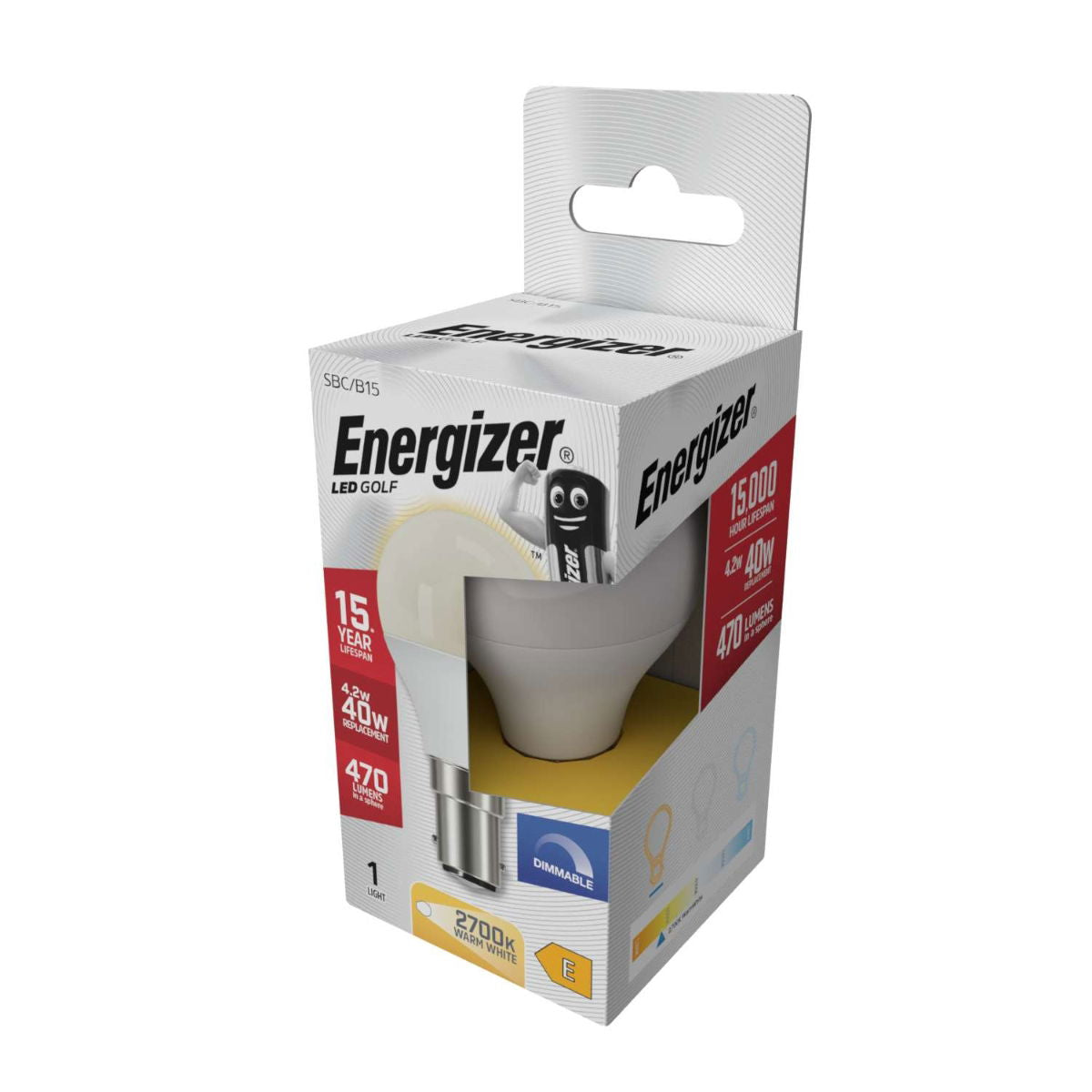 Energizer Golf SBC-B15 LED Bulb White 78mm x 45mm S29770 | 4.2W | 40W Replacement | 2700K Warm White | 470 Lumens | 15-Year Lifespan | Dimmable | 15000Hr Lifespan | Mercury Free | Energy Rating E | CRI-80