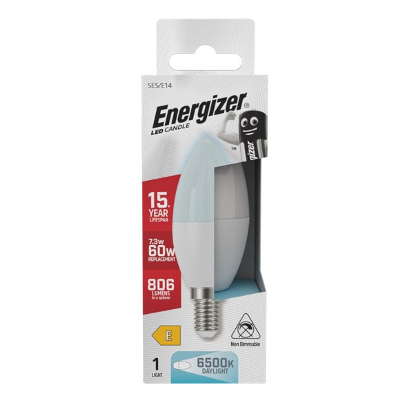 Energizer E14 LED Candle 6500K Daylight 7.3W S17365 | 60 Watt Replacement | 806 Lumens in a Sphere | 15000 Hour Lifespan
