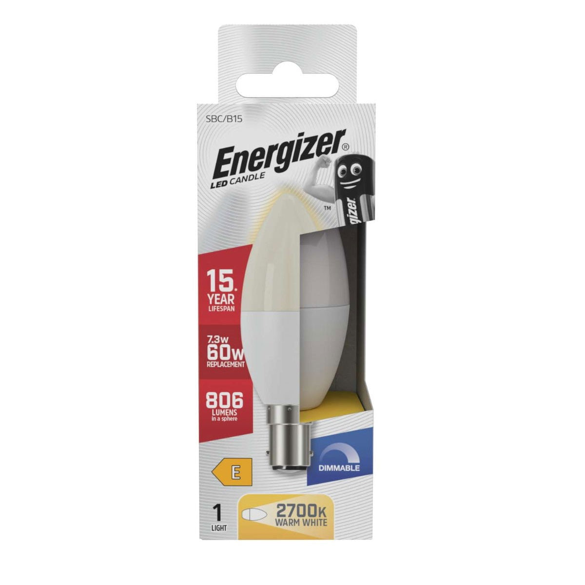 Energizer B15 LED Candle 2700K Warm White 7.3W S29822 | 60 Watt Replacement | 806 Lumens in a Sphere | 15000 Hour Lifespan | Dimmable