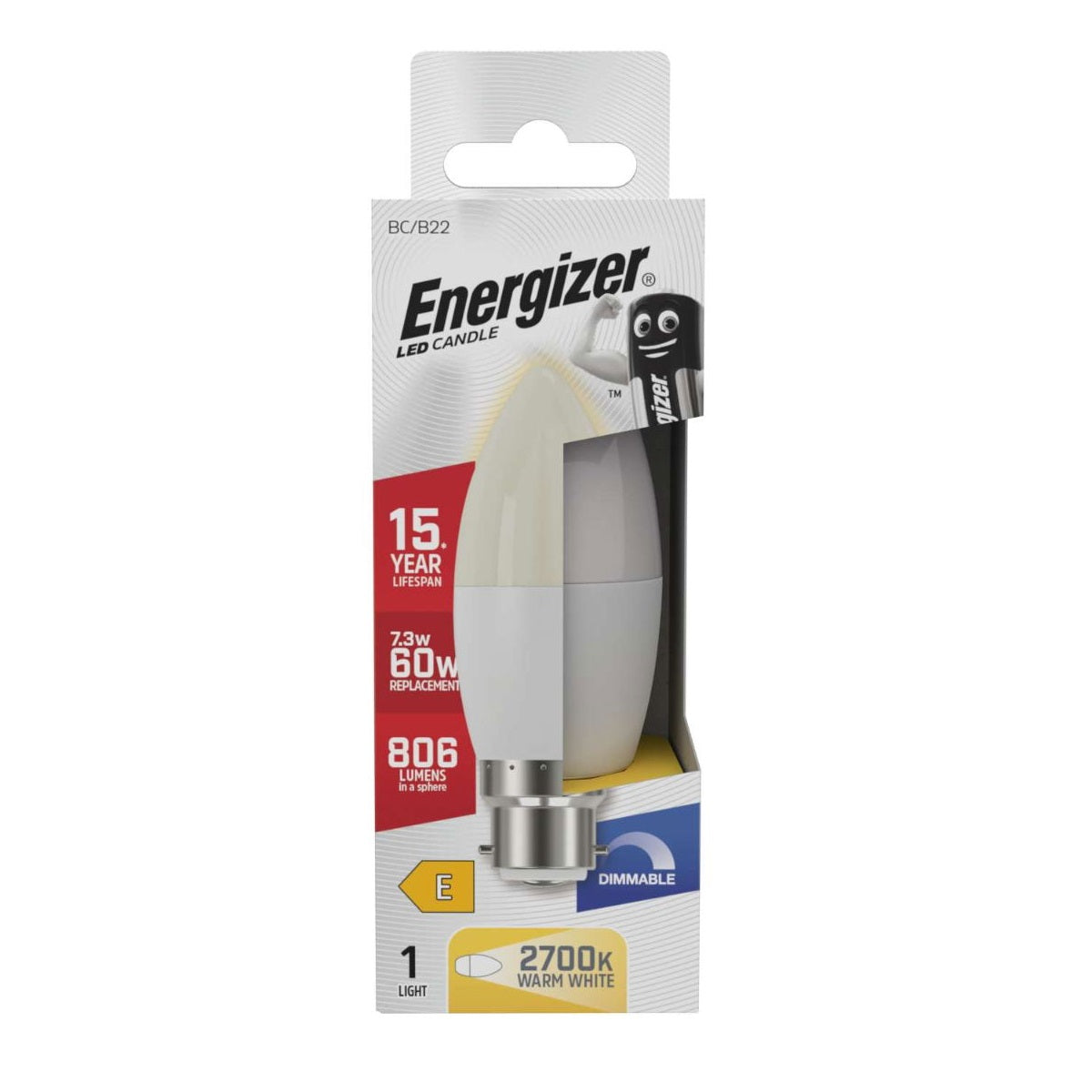 Energizer B22 LED Candle 2700K Warm White 7.3W S29821 | 60 Watt Replacement | 806 Lumens in a Sphere | 15000 Hour Lifespan | Dimmable