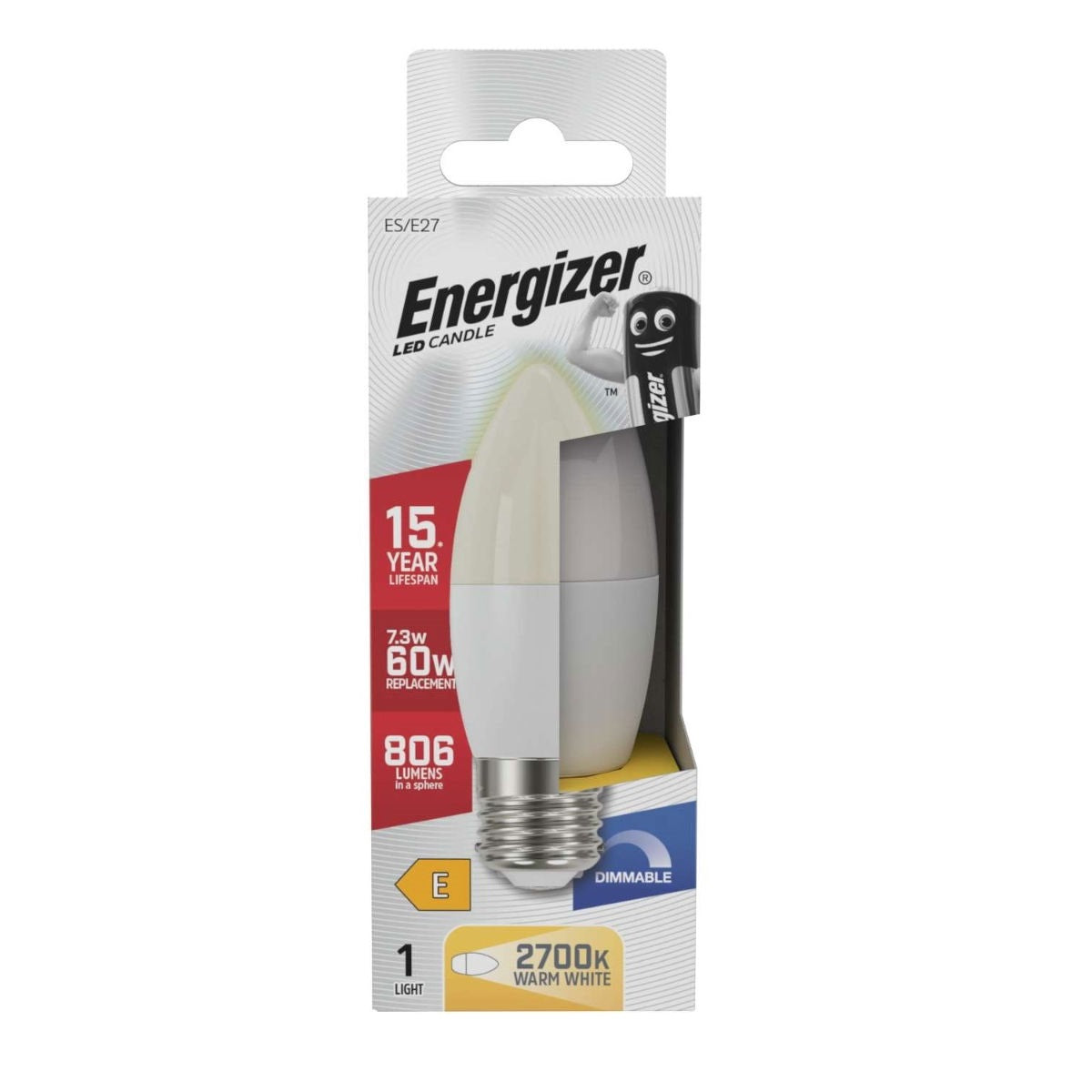 Energizer E27 LED Candle 2700K Warm White 7.3W S29823 | 60 Watt Replacement | 806 Lumens in a Sphere | 15000 Hour Lifespan | Dimmable
