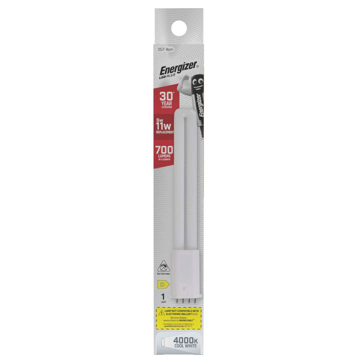 Energizer 2G7 4Pin LED PLS-E White 220mm x 30mm S30437 | 5W | 11W Replacement | 4000K Cool White | 700 Lumens | 30-Year Lifespan | Non Dimmable | 30000Hr Lifespan | Mercury Free | Energy Rating D | CRI-80