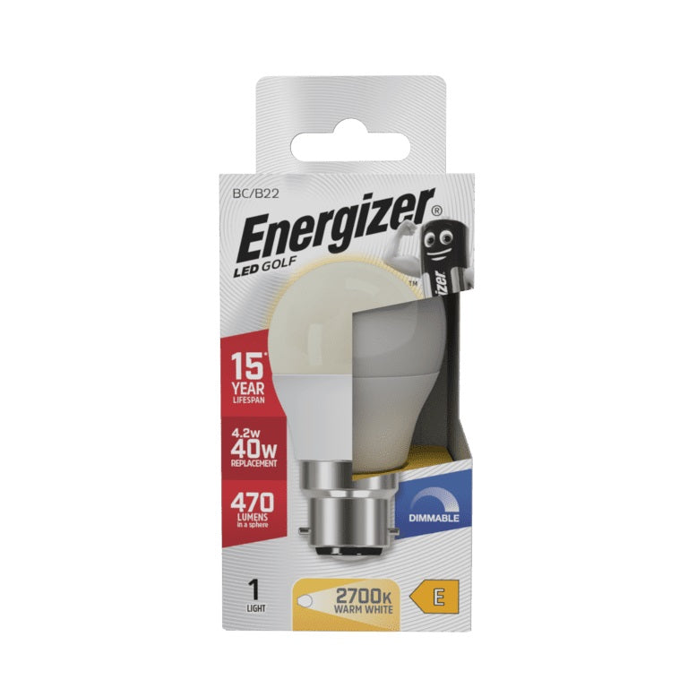 Energizer Golf BC-B22 LED Bulb White 78mm x 45mm S29771 | 4.2W | 40W Replacement | 2700K Warm White | 470 Lumens | 15-Year Lifespan | Dimmable | 15000Hr Lifespan | Mercury Free | Energy Rating E | CRI-80