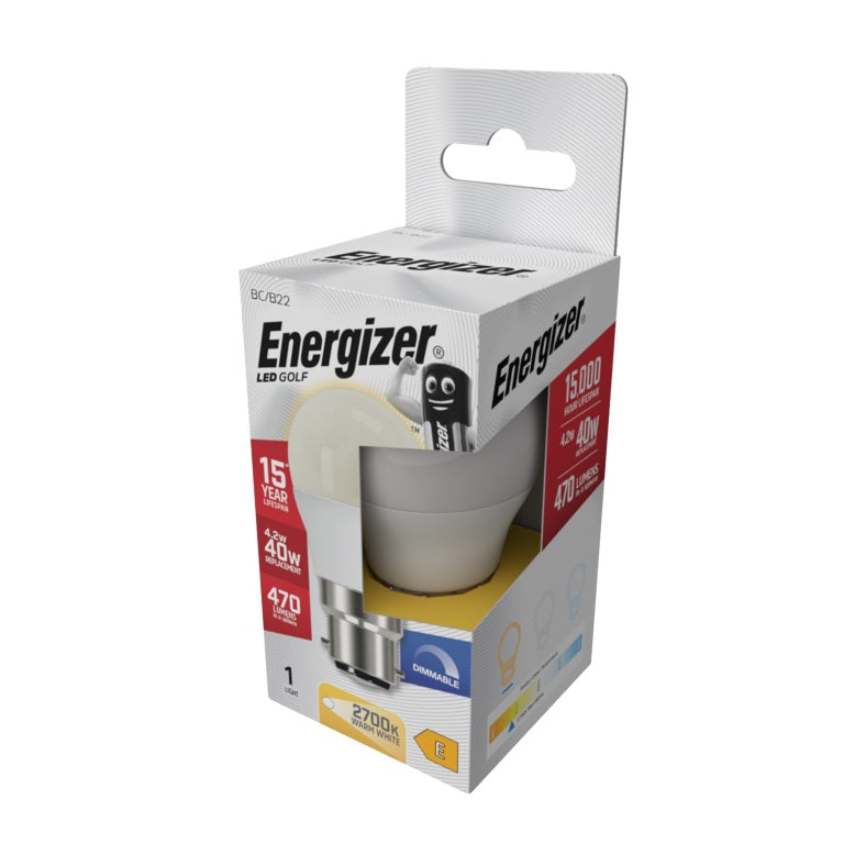 Energizer Golf BC-B22 LED Bulb White 78mm x 45mm S29771 | 4.2W | 40W Replacement | 2700K Warm White | 470 Lumens | 15-Year Lifespan | Dimmable | 15000Hr Lifespan | Mercury Free | Energy Rating E | CRI-80