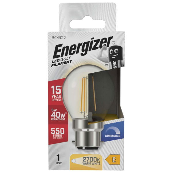 Energizer Golf Filament BC-B22 LED Bulb Transparent 78mm x 45mm S29787 | 5W | 40W Replacement | 2700K Warm White | 550 Lumens | 15-Year Lifespan | Dimmable | 15000Hr Lifespan | Mercury Free | Energy Rating E | CRI-80