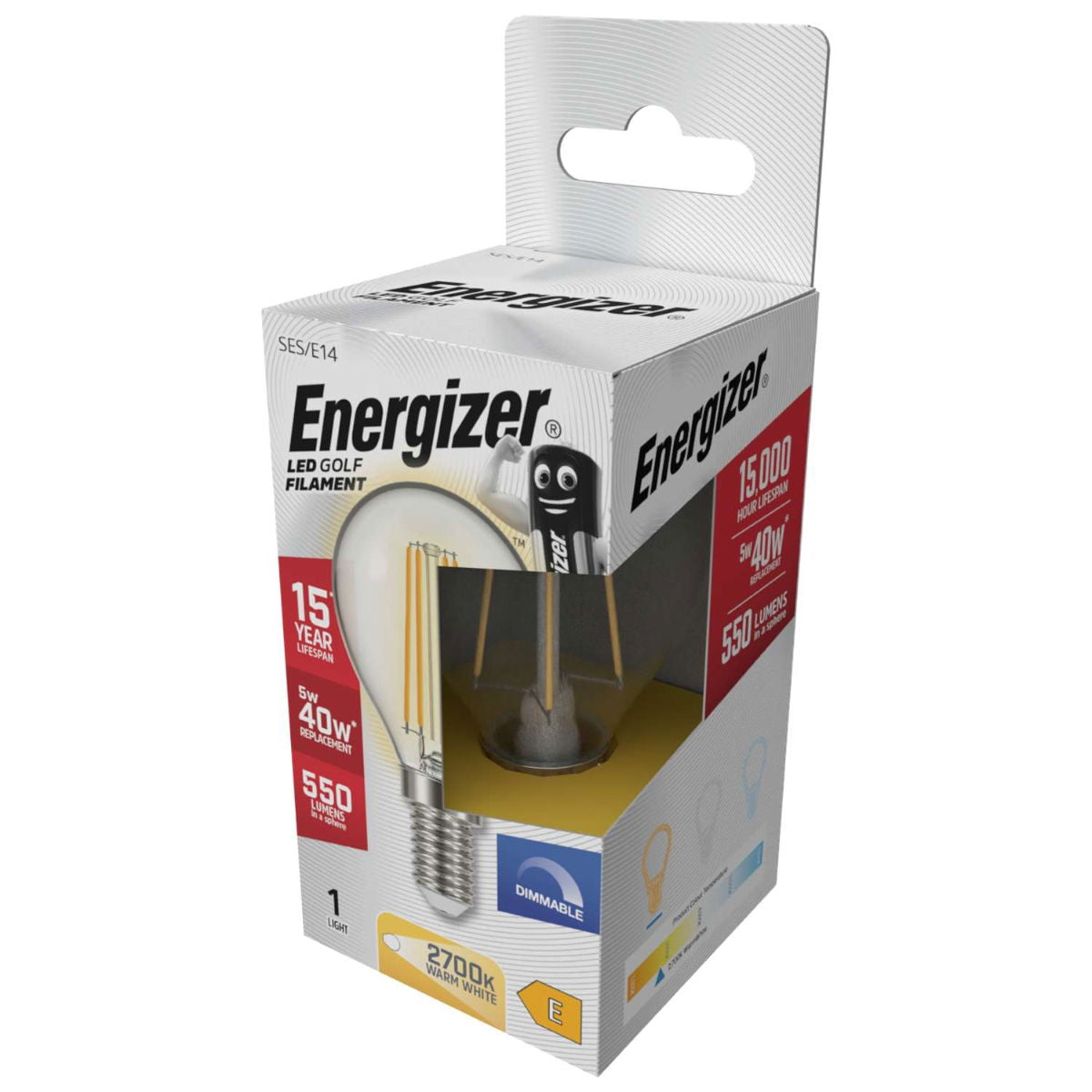 Energizer Golf Filament SES-E14 LED Bulb Transparent 78mm x 45mm S29790 | 5W | 40W Replacement | 2700K Warm White | 550 Lumens | 15-Year Lifespan | Dimmable | 15000Hr Lifespan | Mercury Free | Energy Rating E | CRI-80