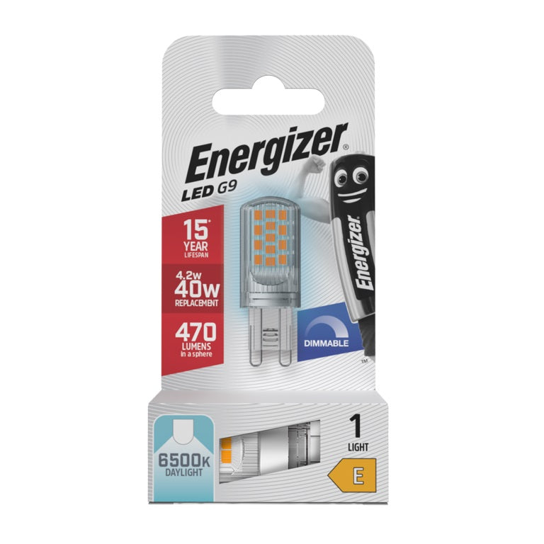 Energizer LED G9 6500K Daylight 4.2W 52mm x 19mm S29830 | 15000 Hour Lifespan | 40 Watt Replacement | 470 Lumens in a Sphere | Dimmable