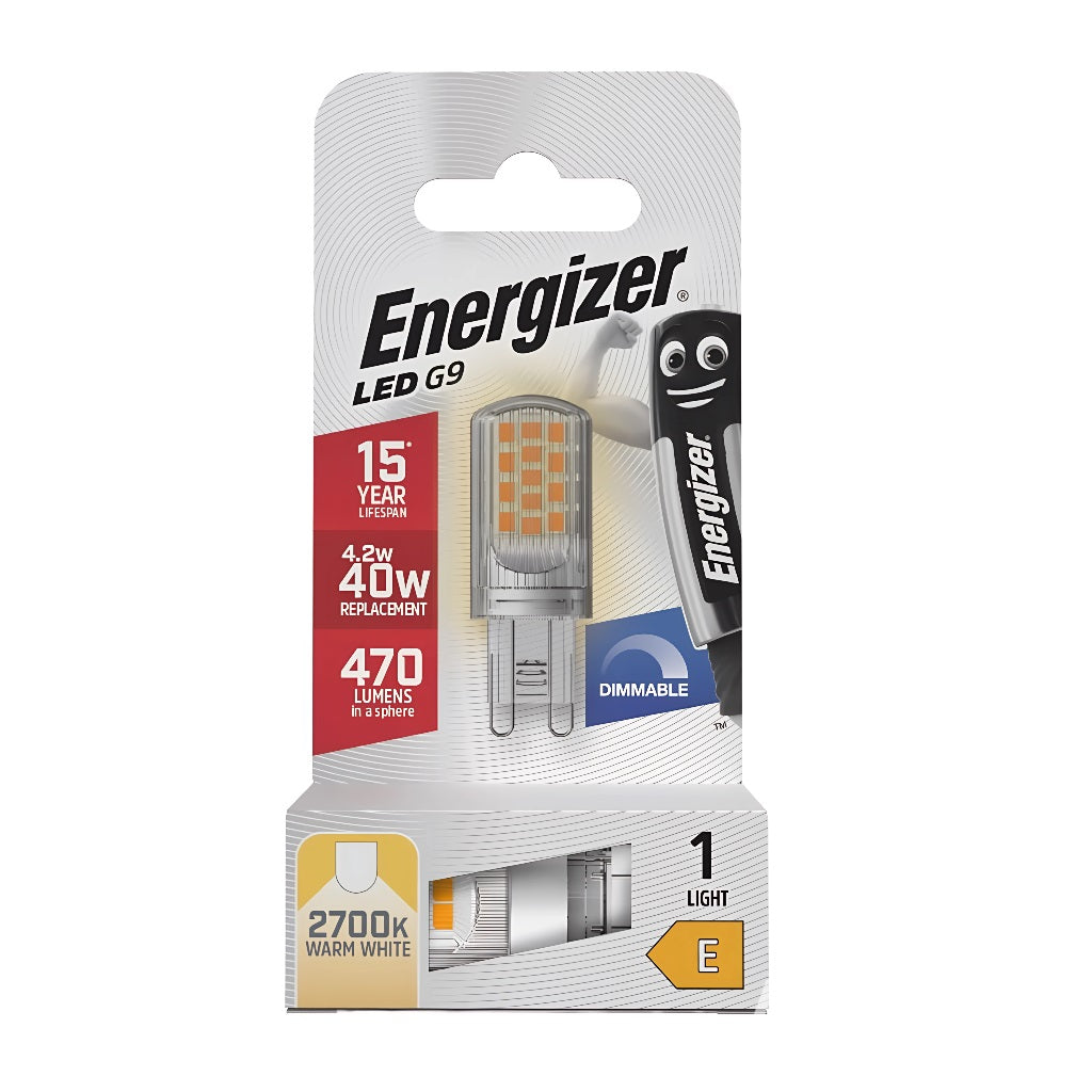 Energizer LED G9 2700K Warm White 4.2W 52mm x 19mm S29828 | 15000 Hour Lifespan | 40 Watt Replacement | 470 Lumens in a Sphere | Dimmable