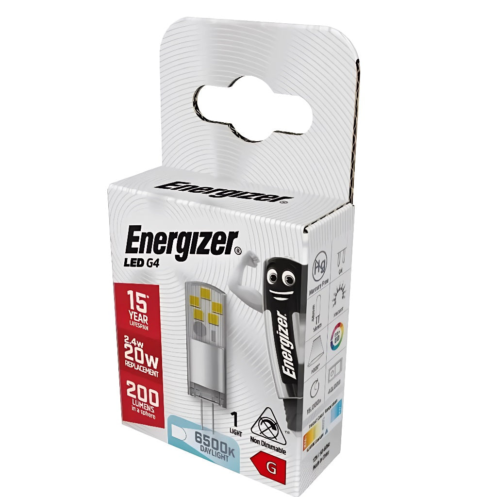 Energizer LED G4 6500K Daylight 1.8W 44mm x 14mm S18747 | 15000 Hour Lifespan | 20 Watt Replacement | 215 Lumens in a Sphere