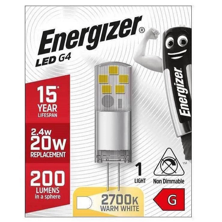 Energizer LED G4 2700K Warm White 1.8W 44mm x 14mm S18746 | 15000 Hour Lifespan | 20 Watt Replacement | 215 Lumens in a Sphere
