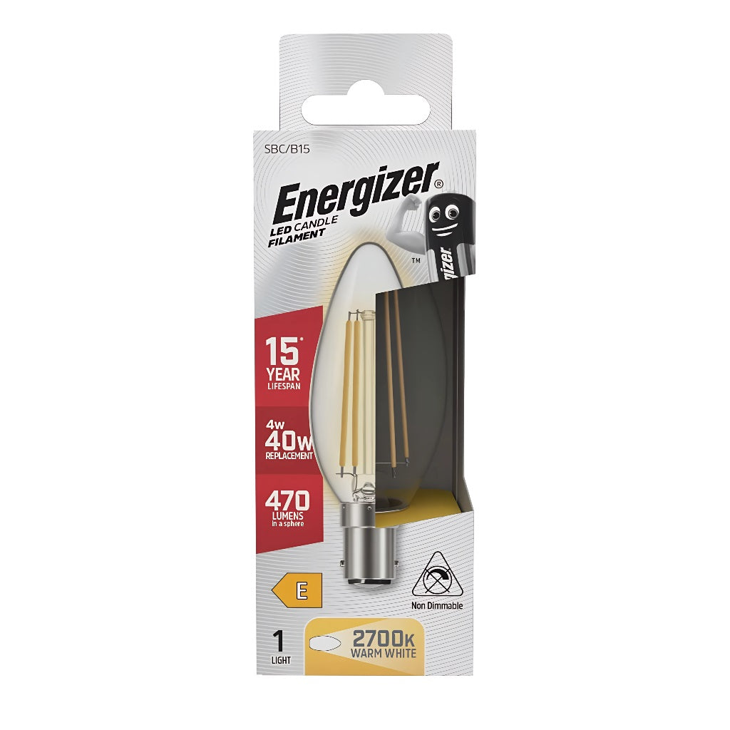 Energizer Filament LED Candle B15 2700K Warm White 4W 96mm x 37mm S29785 | 15000 Hour Life Span | 40 Watt Replacement | 470 Lumens in a Sphere