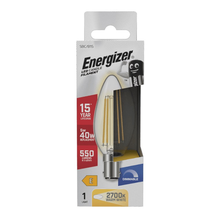 Energizer Filament LED Candle B15 2700K Warm White 5W 96mm x 37mm S29785 | 15000 Hour Life Span | 40 Watt Replacement | 550 Lumens in a Sphere | Dimmable