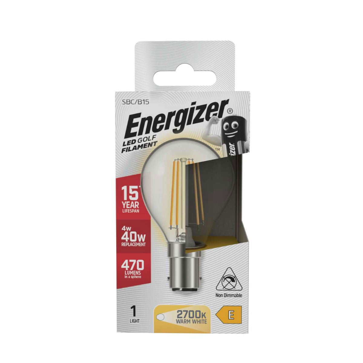Energizer Golf Filament SBC-B15 LED Bulb Transparent 78mm x 45mm S29788 | 4W | 40W Replacement | 2700K Warm White | 470 Lumens | 15-Year Lifespan | Non-Dimmable | 15000Hr Lifespan | Mercury Free | Energy Rating E | CRI-80