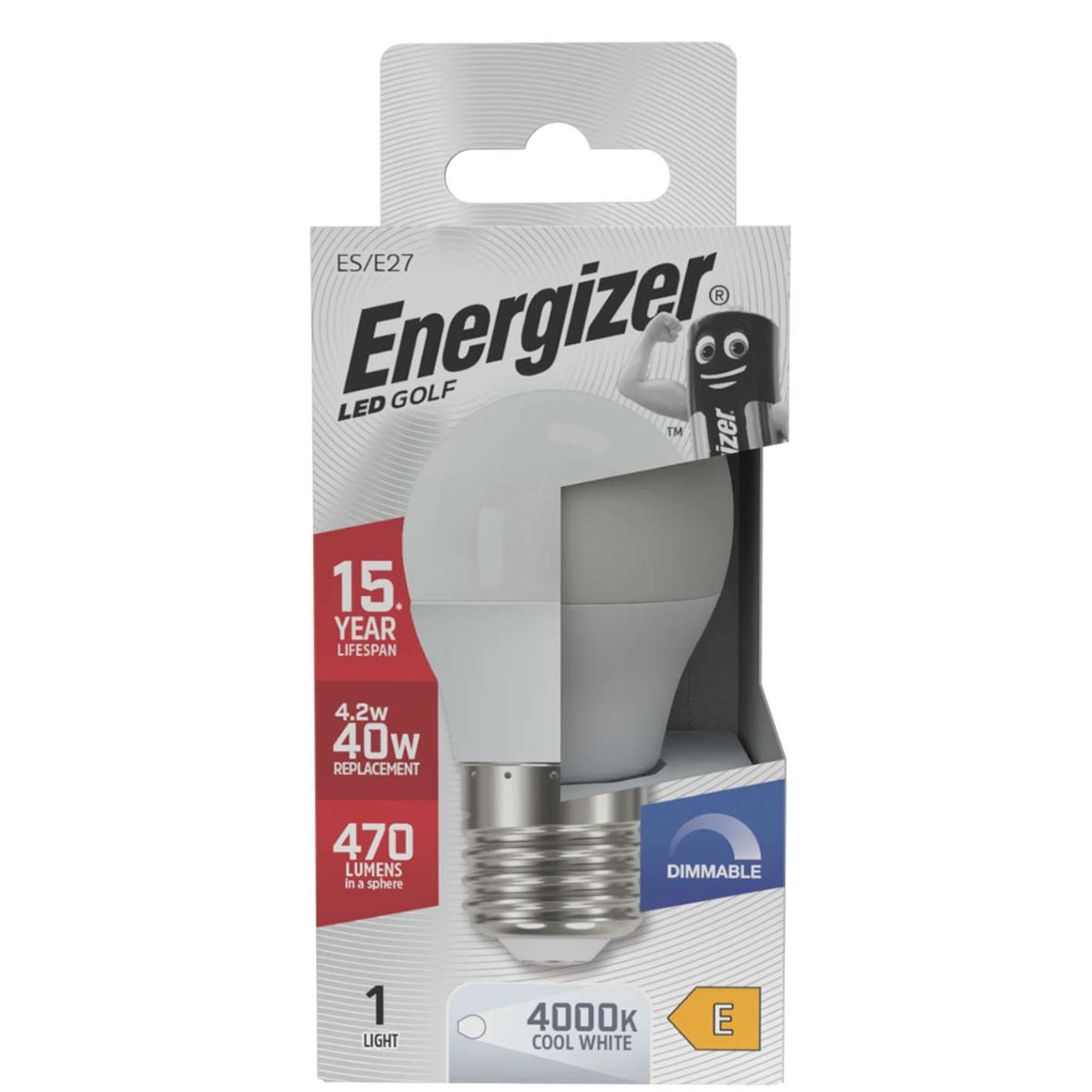 Energizer Golf ES-E27 LED Bulb White 80mm x 45mm S30635 | 4.2W | 40W Replacement | 4000K Cool White | 470 Lumens | 15-Year Lifespan | Dimmable | 15000Hr Lifespan | Mercury Free | Energy Rating E | CRI-80