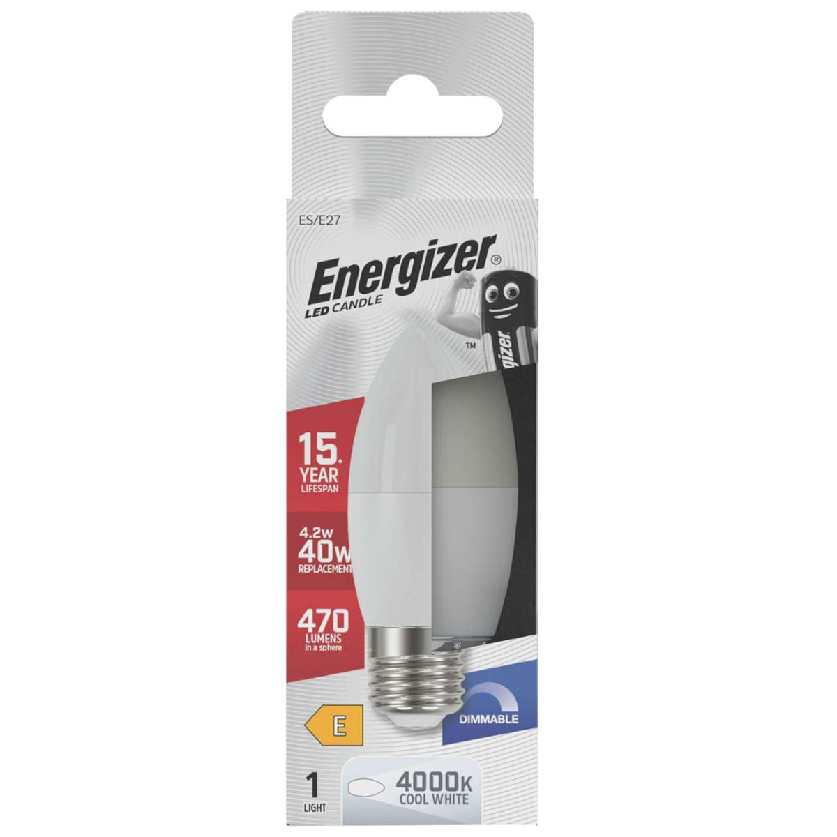 Energizer Opal ES-E27 LED Candle White 98mm x 37mm S30640 | 4.2W | 40W Replacement | 4000K Cool White | 470 Lumens | 15-Year Lifespan | Dimmable | 15000Hr Lifespan | Mercury Free | Energy Rating E | CRI-80
