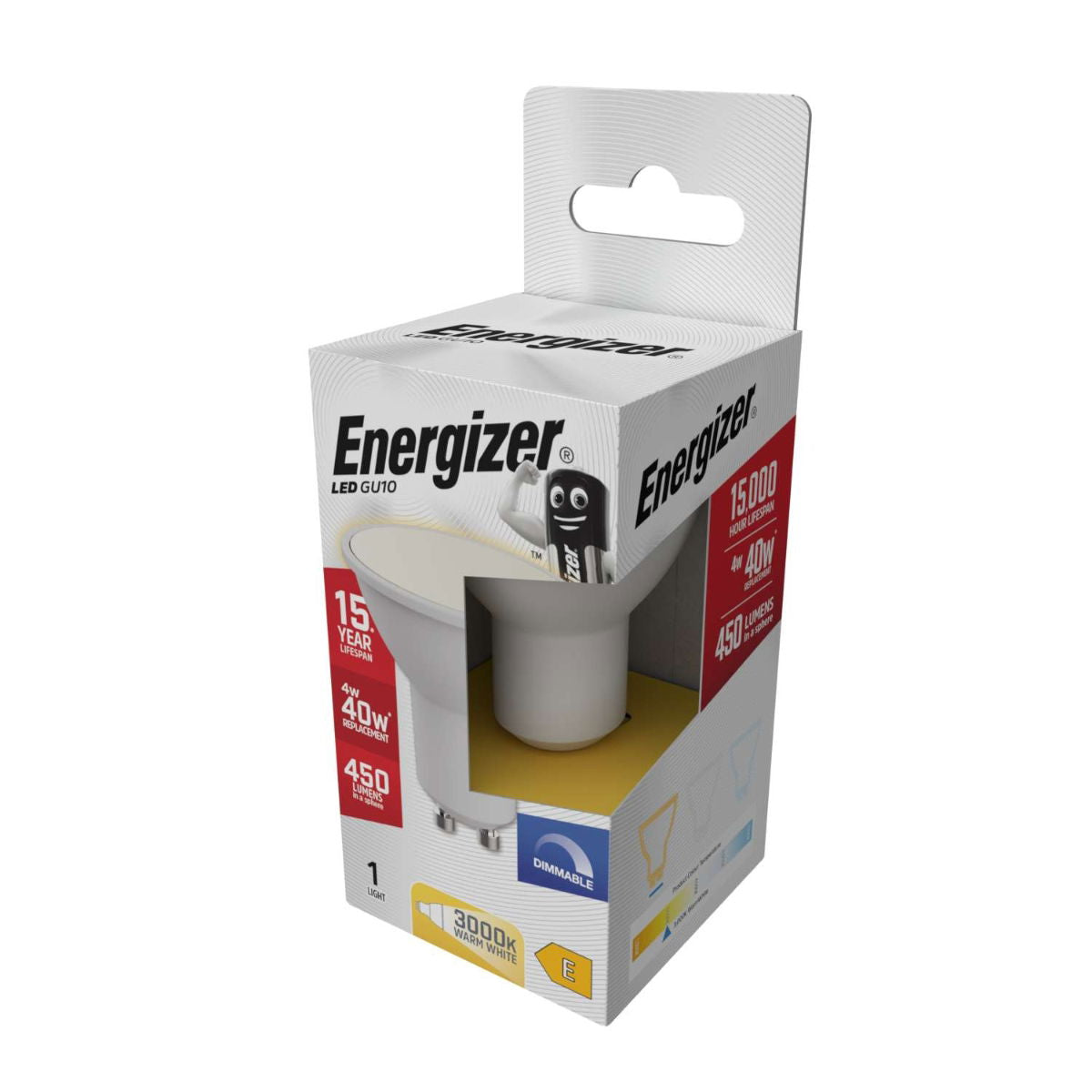 Energizer GU10 LED Light Bulb White 54mm x 50mm S29825 | 4W | 40W Replacement | 3000K Warm White | 450 Lumens | 15-Year Lifespan | Dimmable | 15000Hr Lifespan | Mercury Free | Energy Rating E | CRI-80