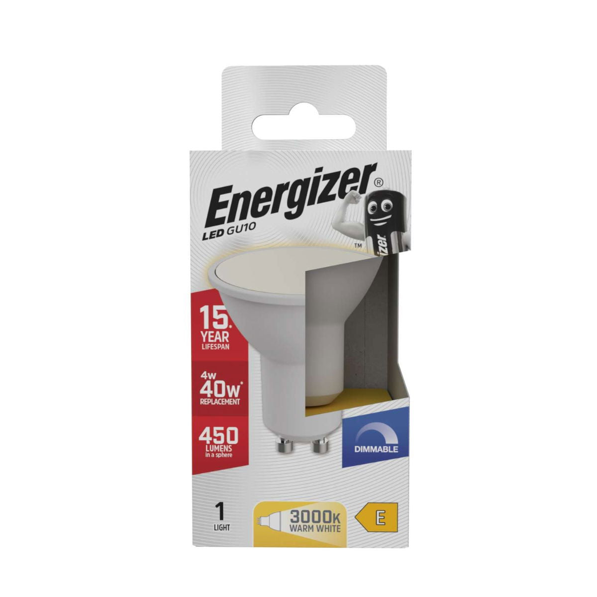 Energizer GU10 LED Light Bulb White 54mm x 50mm S29825 | 4W | 40W Replacement | 3000K Warm White | 450 Lumens | 15-Year Lifespan | Dimmable | 15000Hr Lifespan | Mercury Free | Energy Rating E | CRI-80