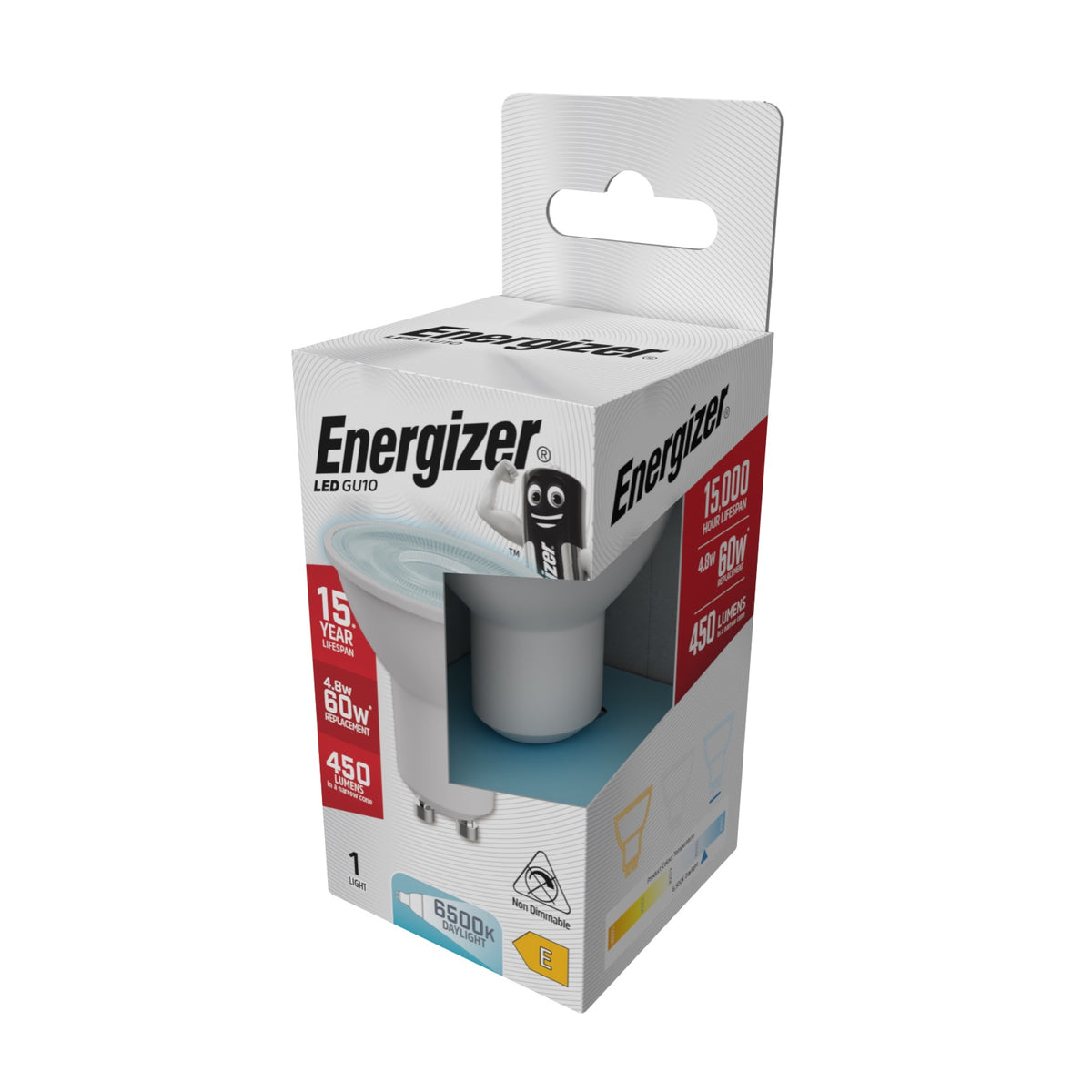 Energizer GU10 LED Light Bulb White 54mm x 50mm S9407 | 4.8W | 60W Replacement | 6500K Daylight | 450 Lumens | 15-Year Lifespan | Non-Dimmable | 15000Hr Lifespan | Mercury Free | Energy Rating E | CRI-80