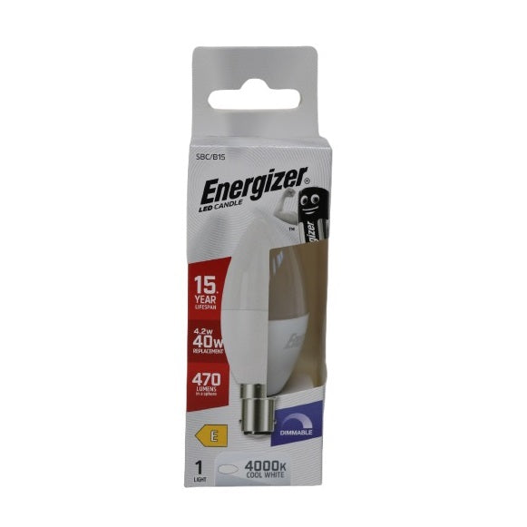Energizer Opal SBC-B15 LED Candle White 100mm x 37mm S30638 | 4.2W | 40W Replacement | 4000K Cool White | 470 Lumens | 15-Year Lifespan | Dimmable | 15000Hr Lifespan | Mercury Free | Energy Rating E | CRI-80