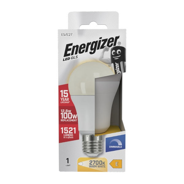 Energizer GLS ES-E27 LED Light Bulb White 124mm x 60mm S29779 | 12.6W | 100W Replacement | 2700K Warm White | 1521 Lumens | 15-Year Lifespan | Dimmable | 15000Hr Lifespan | Mercury Free | Energy Rating E | CRI-80