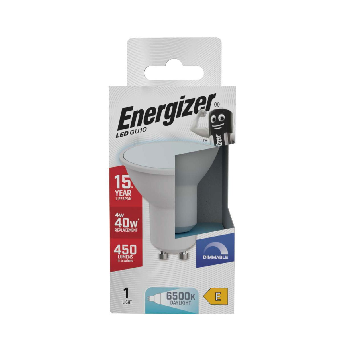 Energizer GU10 LED Light Clear 54mm x 50mm S29827 | 4W | 40W Replacement | 6500K Daylight | 450 Lumens | 15-Year Lifespan | Non-Dimmable | 15000Hr Lifespan | Mercury Free | Energy Rating E | CRI-80