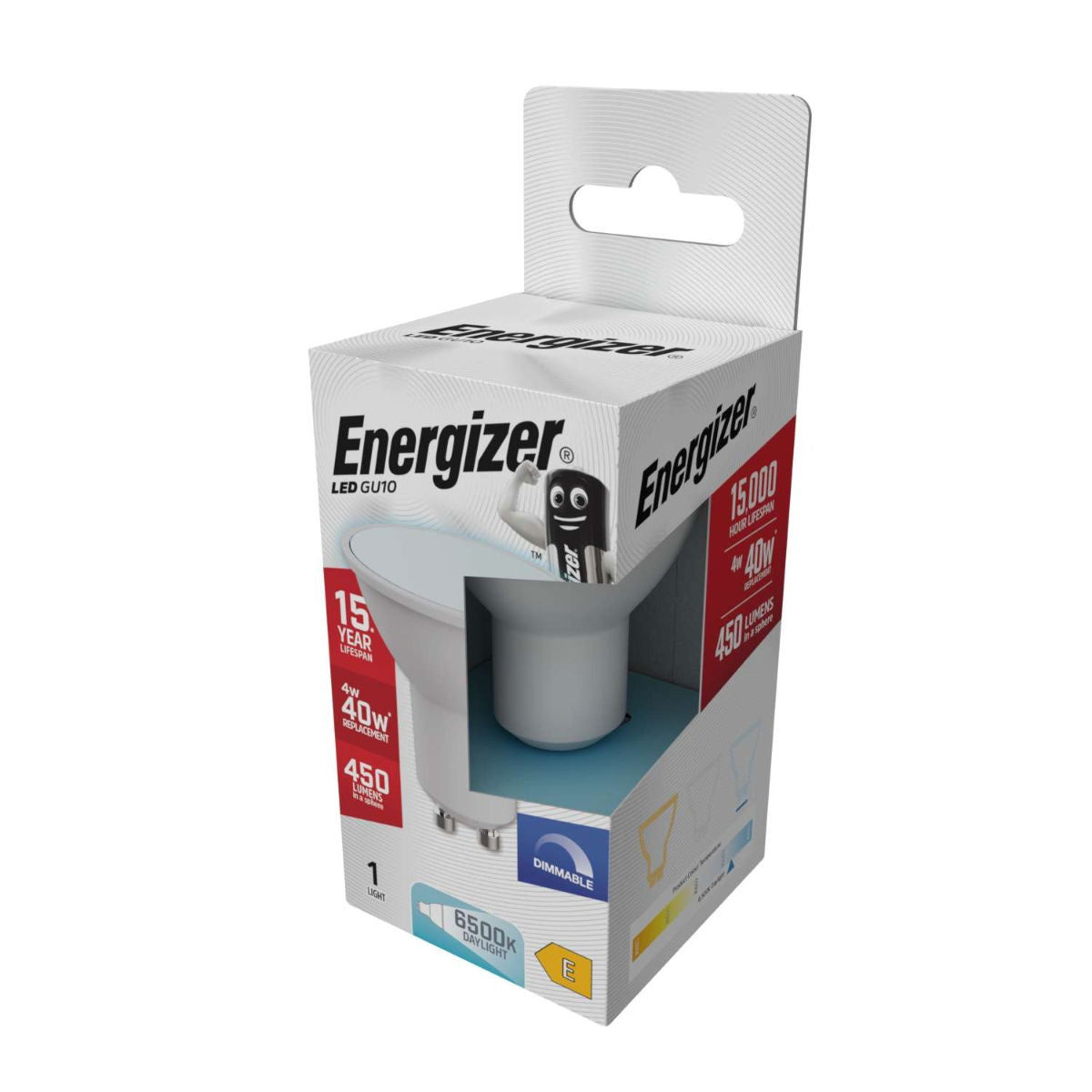 Energizer GU10 LED Light Clear 54mm x 50mm S29827 | 4W | 40W Replacement | 6500K Daylight | 450 Lumens | 15-Year Lifespan | Non-Dimmable | 15000Hr Lifespan | Mercury Free | Energy Rating E | CRI-80