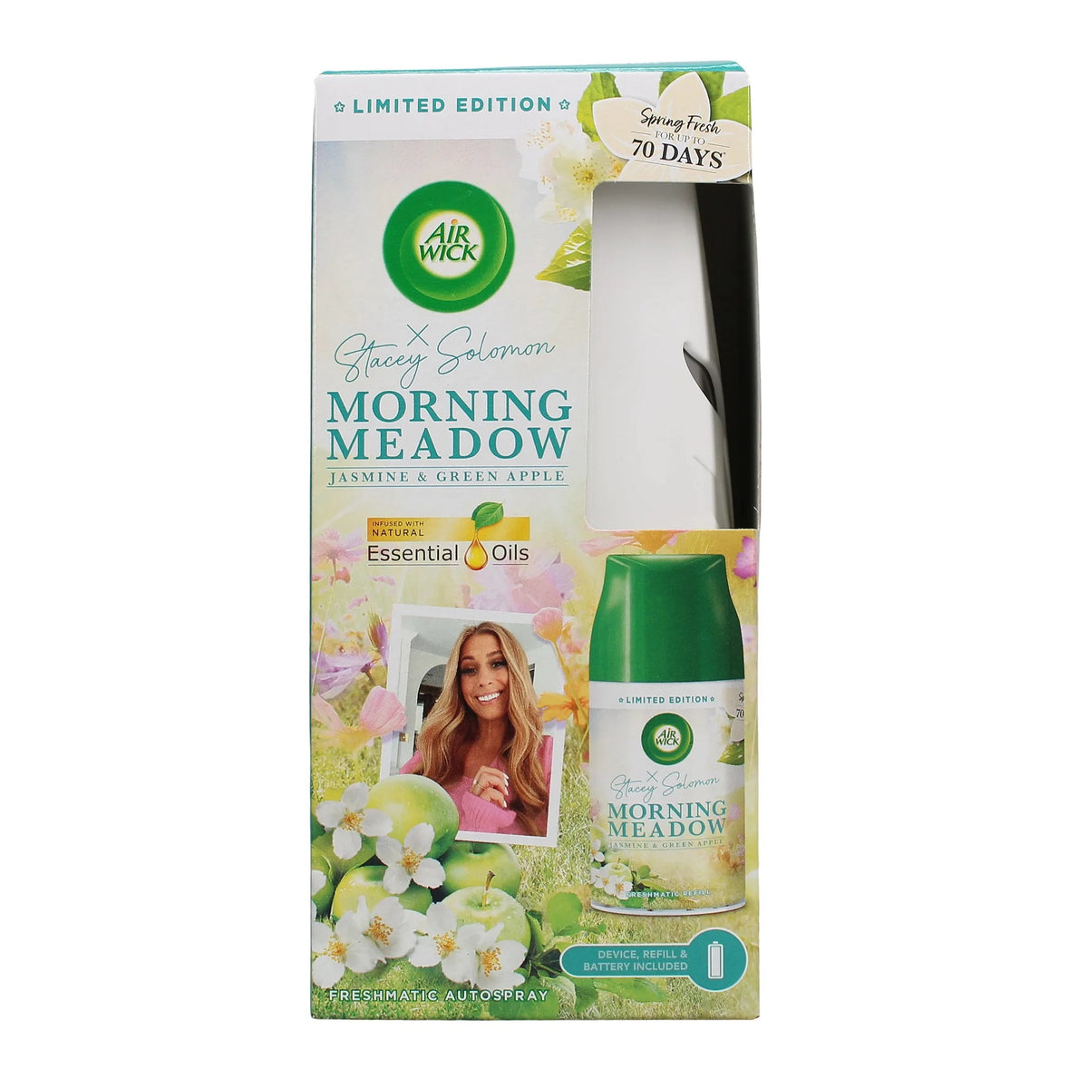 Airwick Morning Meadow Jasmine and Green Apple Freshmatic Kit 250ml HOAIR1098 | Infused with Natural Essential Oils | Spring Fresh for upto 70 Days