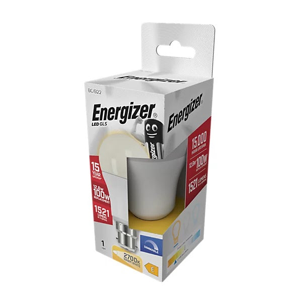 Energizer GLS BC-B22 LED Bulb White 122mm x 60mm S29778 | 12.6W | 100W Replacement | 2700K Warm White | 1521 Lumens | 15-Year Lifespan | Dimmable | 15000Hr Lifespan | Mercury Free | Energy Rating E | CRI-80
