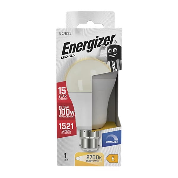 Energizer GLS BC-B22 LED Bulb White 122mm x 60mm S29778 | 12.6W | 100W Replacement | 2700K Warm White | 1521 Lumens | 15-Year Lifespan | Dimmable | 15000Hr Lifespan | Mercury Free | Energy Rating E | CRI-80