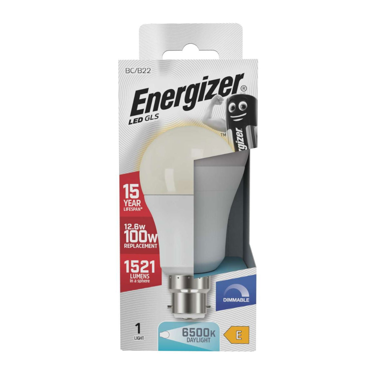 Energizer GLS BC-B22 LED Bulb White 122mm x 60mm S29780 | 12.6W | 100W Replacement | 6500K Day Light | 1521 Lumens | 15-Year Lifespan | Dimmable | 15000Hr Lifespan | Mercury Free | Energy Rating E | CRI-80
