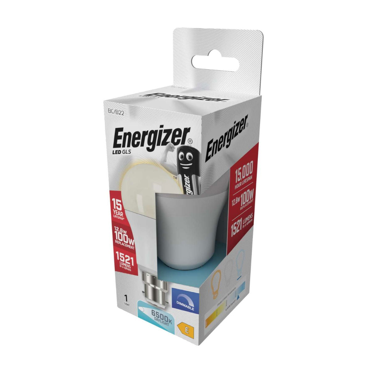 Energizer GLS BC-B22 LED Bulb White 122mm x 60mm S29780 | 12.6W | 100W Replacement | 6500K Day Light | 1521 Lumens | 15-Year Lifespan | Dimmable | 15000Hr Lifespan | Mercury Free | Energy Rating E | CRI-80