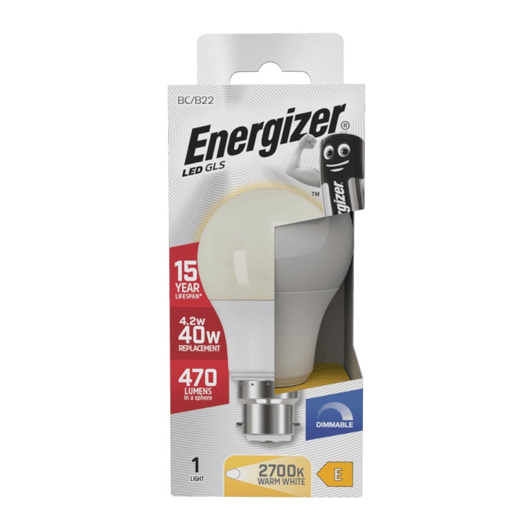Energizer GLS BC-B22 LED Bulb White 103mm x 60mm S29775 | 4.2W | 40W Replacement | 2700K Warm White | 470 Lumens | 15-Year Lifespan | Dimmable | 15000Hr Lifespan | Mercury Free | Energy Rating E | CRI-80