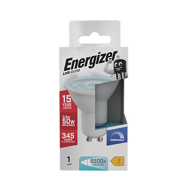 Energizer GU10 LED Light Bulb White 54mm x 50mm S29774 | 3.6W | 50W Replacement | 6500K Daylight | 345 Lumens | 15-Year Lifespan | Dimmable | 15000Hr Lifespan | Mercury Free | Energy Rating E | CRI-80