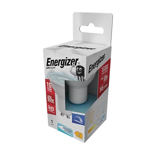 Energizer GU10 LED Light Bulb White 54mm x 50mm S29774 | 3.6W | 50W Replacement | 6500K Daylight | 345 Lumens | 15-Year Lifespan | Dimmable | 15000Hr Lifespan | Mercury Free | Energy Rating E | CRI-80