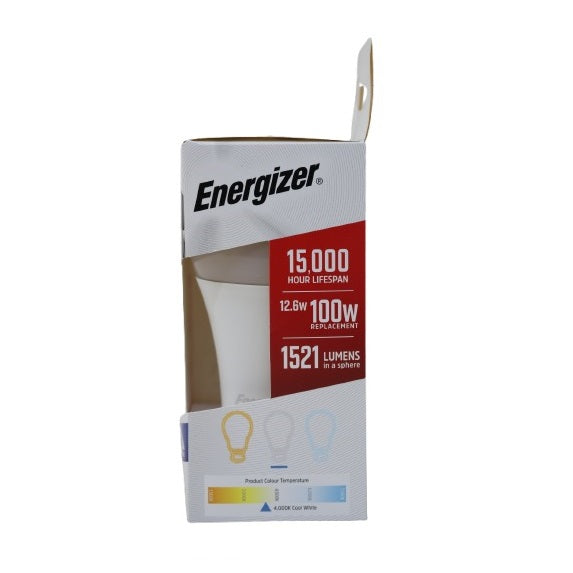 Energizer GLS BC-B22 LED Bulb White 121mm x 60mm S30647 | 12.6W | 100W Replacement | 4000K Cool White | 1521 Lumens | 15-Year Lifespan | Dimmable | 15000Hr Lifespan | Mercury Free | Energy Rating E | CRI-80