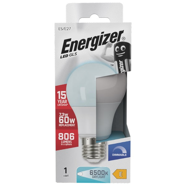 Energizer GLS ES-E27 LED Bulb White 105mm x 60mm S29783 | 7.3W | 60W Replacement | 6500K Day Light | 806 Lumens | 15-Year Lifespan | Dimmable | 15000Hr Lifespan | Mercury Free | Energy Rating E | CRI-80